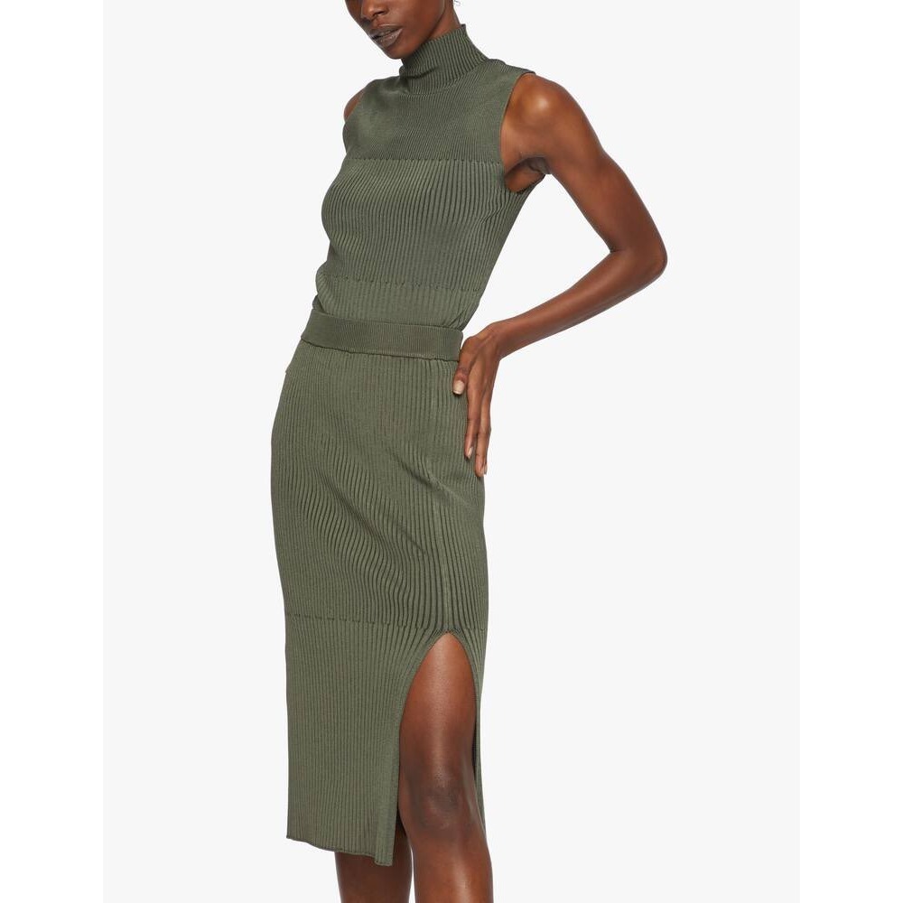 SPORTMAX CODE‎ Ribbed Knit Midi Skirt Olive Green High Waist Side Slit Size XS